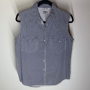 Vintage GET! Cotton Blue Striped Sleeveless Pearl Button Up Shirt Sz Medium